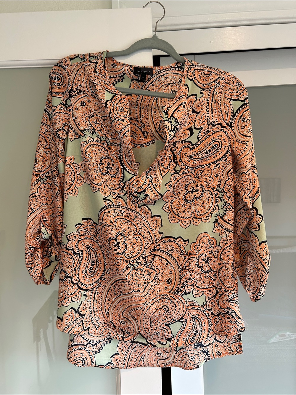 The Limited Mint and Peach Paisley V-Neck Blouse